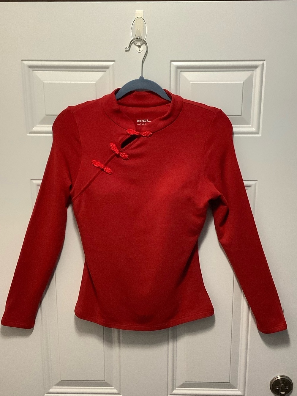 OGL| Mandarin Collar Asymmetric Frog Button Brami Top Sz L Holiday Feminine
